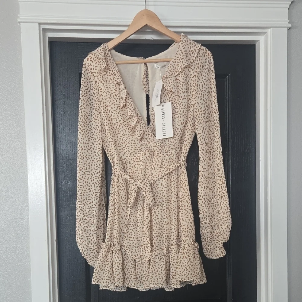 NWT Selfie Leslie Marcheline Brown And Cream Sprinkle Mini Dress Size Medium - Picture 2 of 14